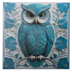 Carreau Turquoise bleu foncé faux relief Art Nouveau Hibou