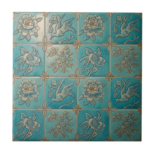 Carreau Turquoise Chinoiserie Relief Pattern Ceramic Tile (Devant)