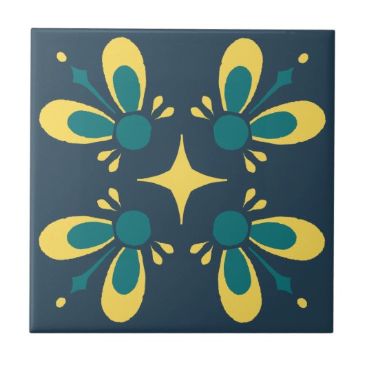 Carreau Turquoise et jaune sur Blue Intricate Floral patro (Devant)