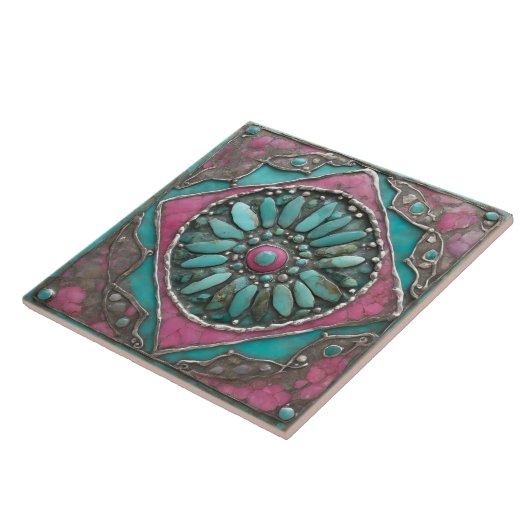 Carreau Turquoise & Pink Boho Mosaic Mandala Artwork (Côté)
