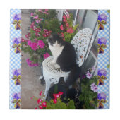 Carreau Tuxedo Cat flower Funny Cats viola Ceramic Tile (Devant)