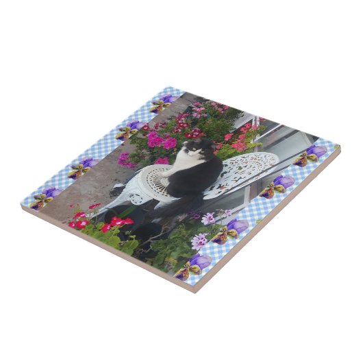 Carreau Tuxedo Cat flower Funny Cats viola Ceramic Tile (Côté)