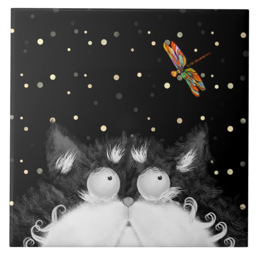 Carreau Tuxedo Cat surpris par la libellule (Devant)