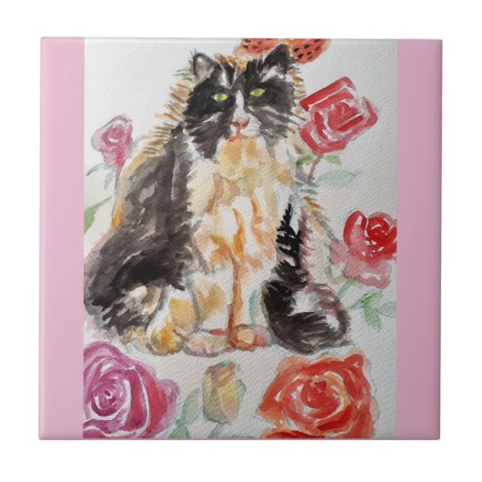 Carreau Tuxedo Chat Cute Rose Fleurs Chats Aquarelle Rose (Devant)