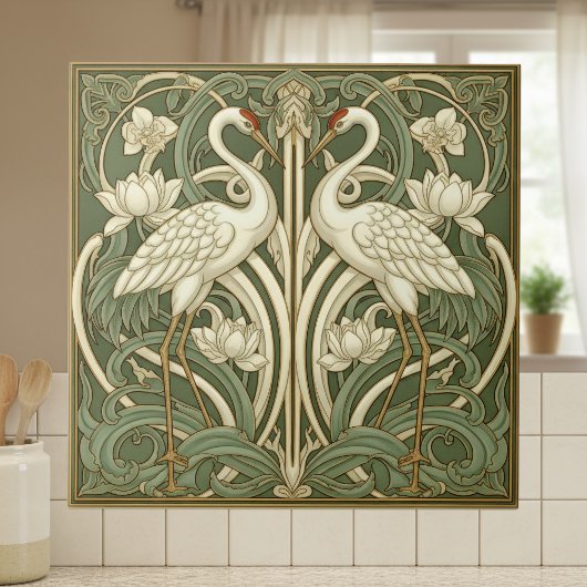 Carreau Two Cranes Art Nouveau Pat#10 Olive Ivory ID1193