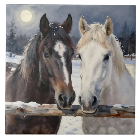 Carreau Two Horses on a Snowy Farm Under the Moon (Devant)