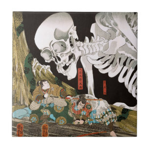 Carreau Ukiyo-e vintage : l'art du spectre de squelette de