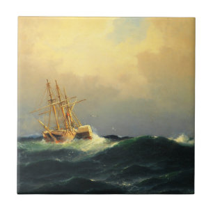 Carreau Un bateau à vapeur dans une tempête dans l'océan A