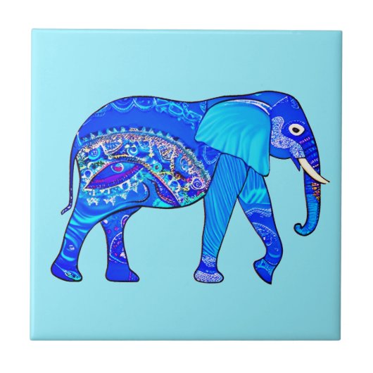 Carreau Un éléphant indien dans un Motif bleu arabesque (Devant)