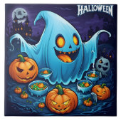 Carreau Un fantôme d'Halloween ludique avec des citrouille (Devant)