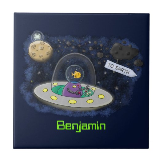 Carreau Un joli poisson heureux dans l'espace dessin animé (Devant)