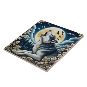 Carreau Un loup hurlant sous une pleine lune dans une nuit