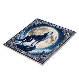 Carreau Un loup mystique hurle vers le ciel nocturne éclai