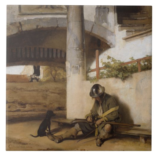 Carreau Un soldat garde une porte avec son chien d'animal  (Devant)