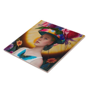 Carreau Une dame avec un casquette solaire à fleurs