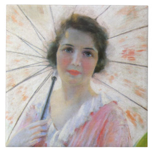 Carreau Une dame en robe rose avec un parasol (Robert Reid