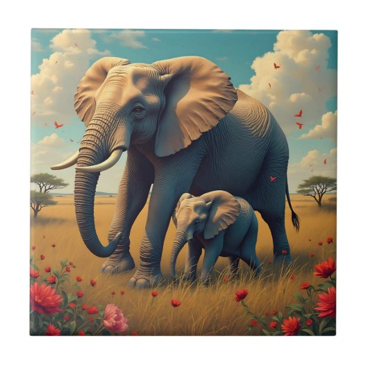 Carreau Une douce maman sentimentale et un éléphant de béb (Devant)