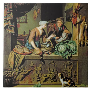 Carreau Une femme et un marchand ambulant de poissons,