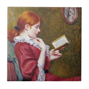 Carreau Une jeune femme aux cheveux rouges lisant un bon l