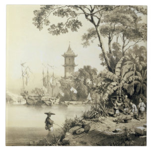 Carreau Une pagoda sur le canal de Macao-Canton, plaquent