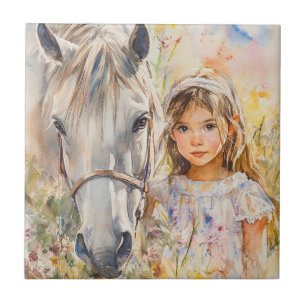 Carreau Une petite fille avec un cheval