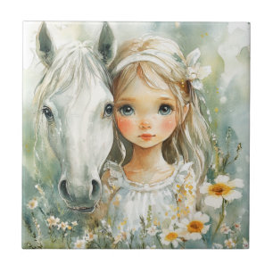 Carreau Une petite fille avec un cheval