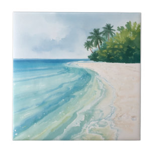 Carreau Une plage tropicale sereine à l'aquarelle