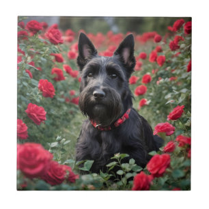 Carreau "Une rose rouge pour le Terrier écossais noir"