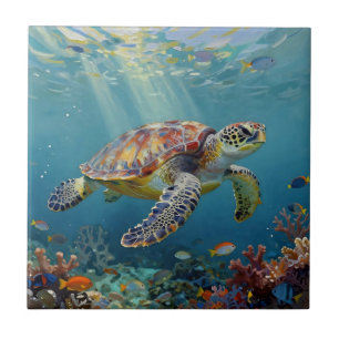 Carreau Une Tortue de Mer et des Rayons de Soleil dans l'O