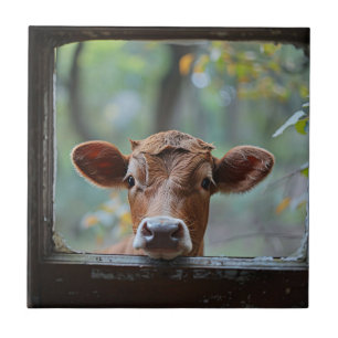 Carreau Une vache curieuse qui regarde à travers une fenêt