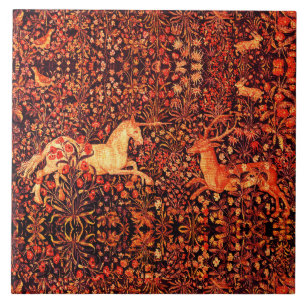 Carreau UNICORN ET CERFS, FLEURS, ANIMAUX FORESTIERS Flora