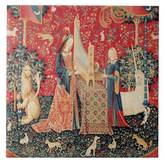 CARREAU UNICORN ET DAME JOUER ORGE AVEC ANIMAUX (Devant)