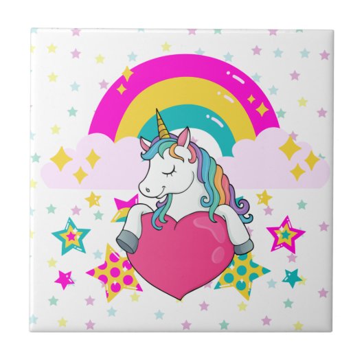 Carreau Unicorne arc-en-ciel avec étoiles (Devant)