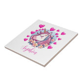 Carreau Unicorne mignonne, Coeurs et Fleurs roses, Nom per (Côté)