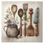 Carreau Ustensiles de cuisine Aquarelles Carrelage en céra<br><div class="desc">La scène rustique des ustensiles d'aquarelle de ferme ont été utilisés pour créer ce carrelage céramique parfait. Mélangez et faites correspondre avec d'autres tuiles pour créer votre propre look customisé. Des tuiles de couleur Faux pierre sont également disponibles pour créer votre motif.</div>