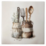 Carreau Ustensiles de cuisine rustique Aquarelles Carrelag<br><div class="desc">Des ustensiles d'aquarelle rustique de la ferme ont été utilisés pour créer ce carrelage céramique parfait. Mélangez et faites correspondre avec d'autres tuiles pour créer votre propre look customisé. Des tuiles de couleur Faux pierre sont également disponibles pour créer votre motif.</div>