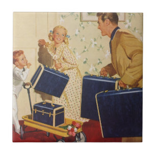 Carreau Vacances vintage, papa, Enfants et Valises