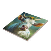 Carreau Vache Ai blanche mignonne avec cornes et fleurs (Côté)