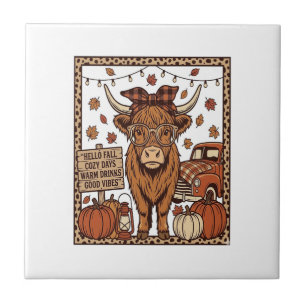 Carreau Vache des Highlands Bonjour Automne Gravure Vintag