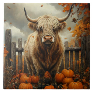 Carreau Vache des Highlands dans un champ de citrouilles