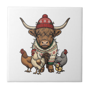 Carreau Vache Highland et poulets de Noël Gravure vintage