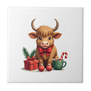 Carreau Vache Highland Noël Vintage avec cadeau à ruban et