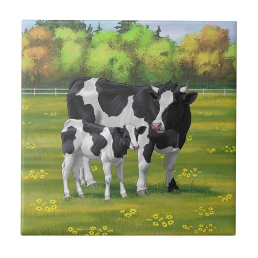 Carreau Vache Holstein et veau mignon en pâturage d'été (Devant)