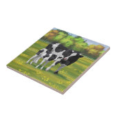 Carreau Vache Holstein et veau mignon en pâturage d'été (Côté)