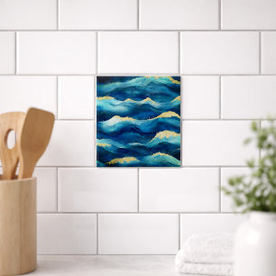 Carreau Vagues océaniques abstraites Aquarelle bleue et or