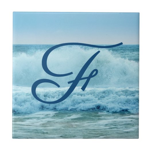 Carreau Vagues océaniques Crashant Beach Monogramme côtier (Devant)