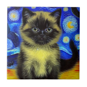 Carreau Van Gogh Starry Nuit Siamese Cat