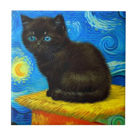 Carreau Van Gogh Style Starry Night Cat (Devant)