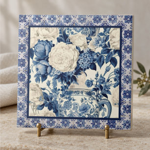 Carreau Vase floral chic toile de chinoiserie bleue monogr