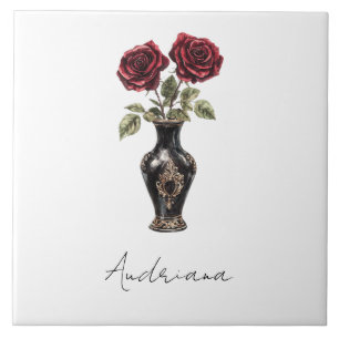 Carreau Vase florale rouge de Bourgogne noire